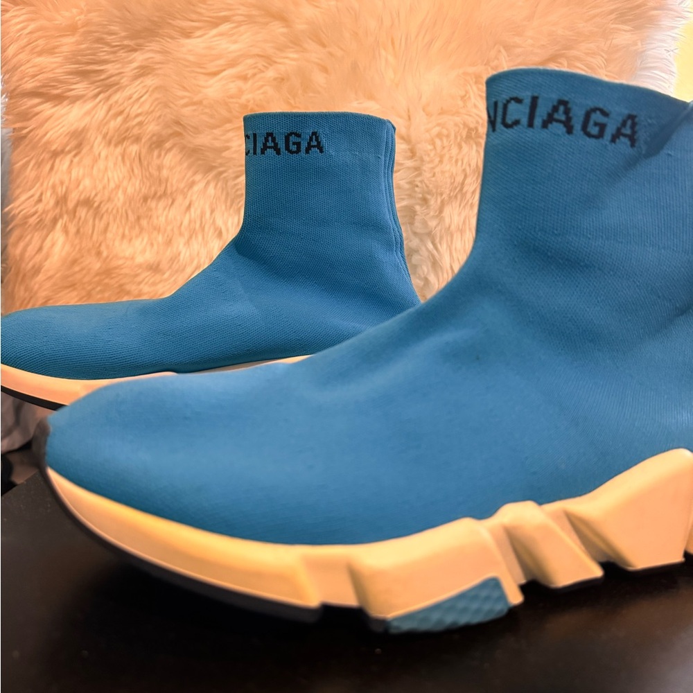 Balenciaga Blue Sock Sneakers, worn 10xs w/sm stain on frnt of R shoe’s fabric